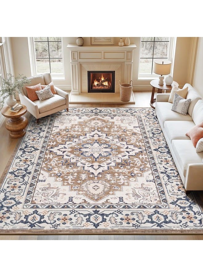 Lofus 9x12 Area Rugs for Living Room, Washable Area Rug, Rugs for Bedroom, Kitchen, Vintage Boho Carpet, Soft Non-Slip, Low Pile Large Area Rug for Office Dining Room, Floral Brown - Image 1