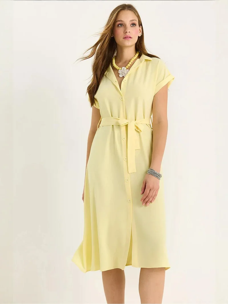 Bianco Lucci LUCCI V-Neck Buttoned Midi Dress with Binding Detail