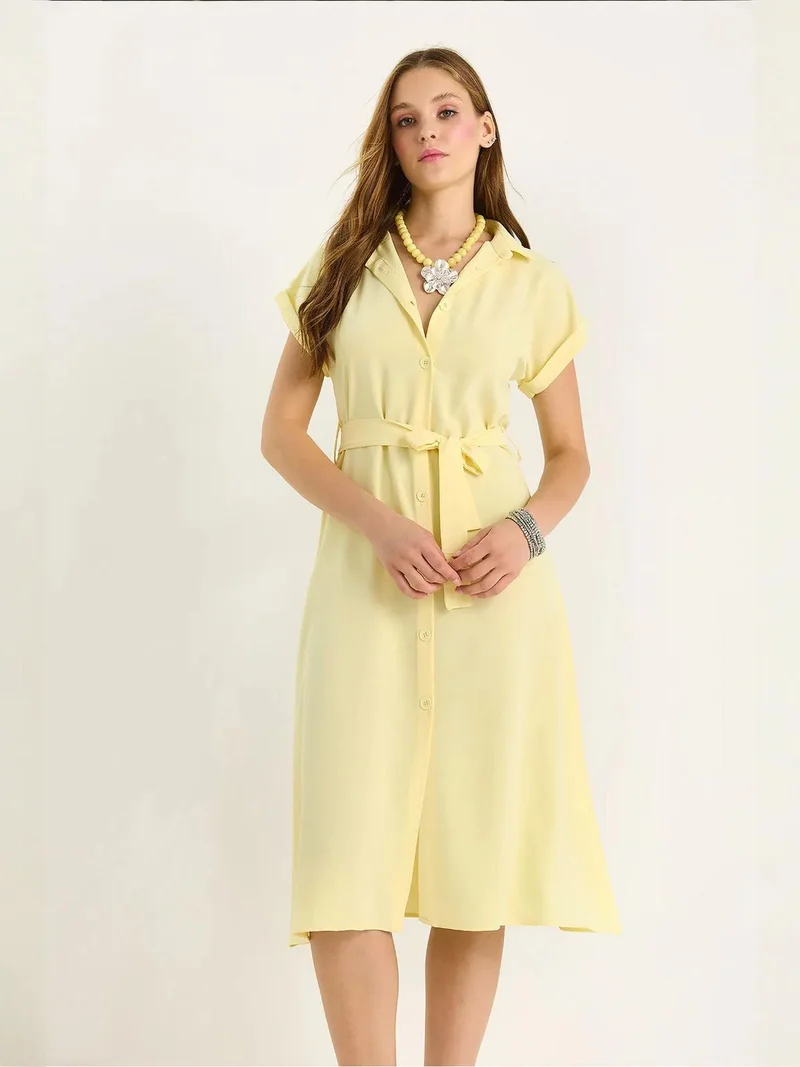 Bianco Lucci LUCCI V-Neck Buttoned Midi Dress with Binding Detail