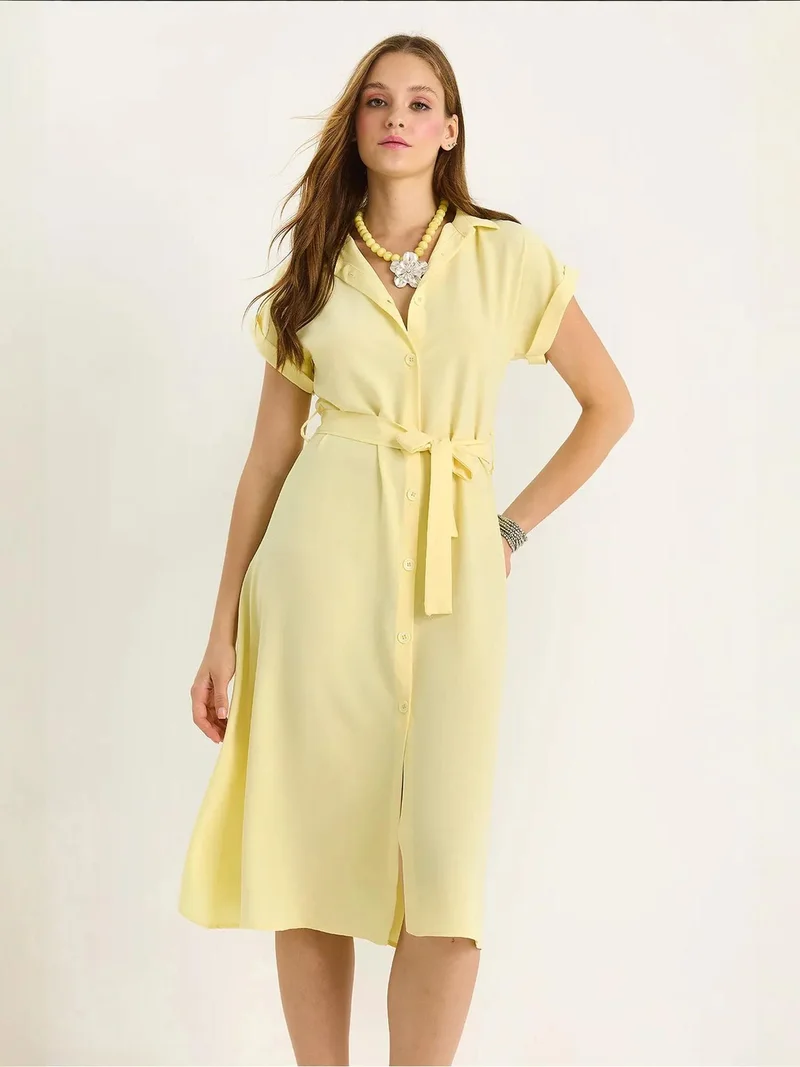 Bianco Lucci LUCCI V-Neck Buttoned Midi Dress with Binding Detail