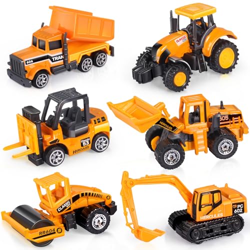 Oriate 28pcs Construction Toys for Kids, 12pcs Mini Diecast Construction Vehicles Toy with Flatbed Transport Trailer, Educational Digger Excavator Bulldozer Forklift Trucks Cake Topper Stickers - Image 2
