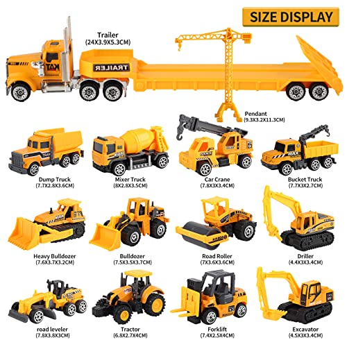 Oriate 28pcs Construction Toys for Kids, 12pcs Mini Diecast Construction Vehicles Toy with Flatbed Transport Trailer, Educational Digger Excavator Bulldozer Forklift Trucks Cake Topper Stickers - Image 4