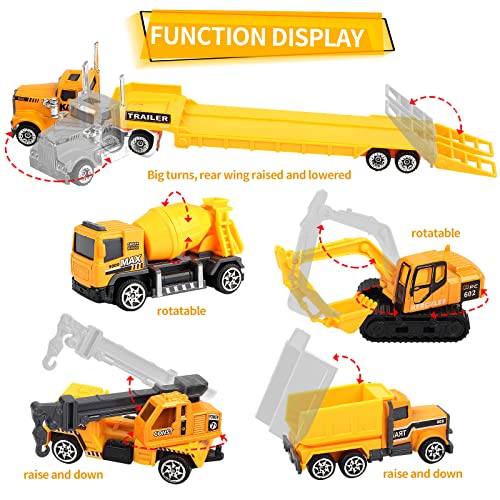 Oriate 28pcs Construction Toys for Kids, 12pcs Mini Diecast Construction Vehicles Toy with Flatbed Transport Trailer, Educational Digger Excavator Bulldozer Forklift Trucks Cake Topper Stickers - Image 5