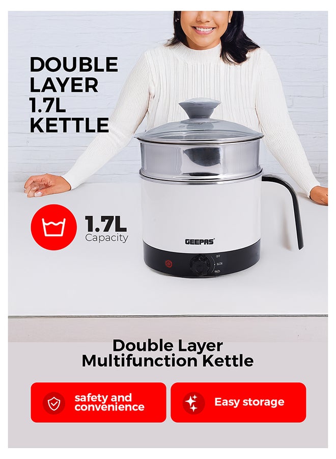 GEEPAS Double Layer Multi-Functional Kettle With Egg Boiler Attachment/Cooking Noodle 50-60Hz 1.7 L 1000 W GK38026 White/Silver/Black - Image 2