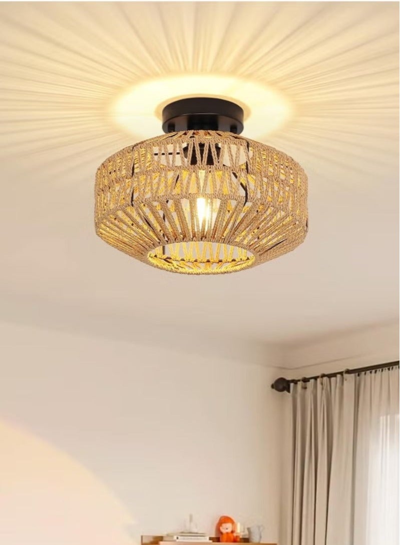 يوڠام تركيبات إضاءة من الخيزران مع تثبيت على السقف، مصباح سقف بوهيمي مع لمبة LED قابلة للتعتيم، ثريا صغيرة من الخيزران المنسوج يدويًا لتركيبات إضاءة السقف في غرفة النوم، المطبخ، المدخل، غرفة المعيشة، والممر. - Image 1