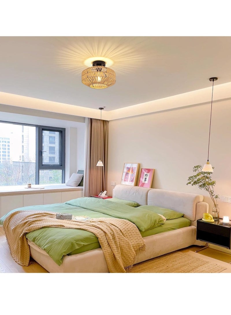 يوڠام تركيبات إضاءة من الخيزران مع تثبيت على السقف، مصباح سقف بوهيمي مع لمبة LED قابلة للتعتيم، ثريا صغيرة من الخيزران المنسوج يدويًا لتركيبات إضاءة السقف في غرفة النوم، المطبخ، المدخل، غرفة المعيشة، والممر. - Image 2