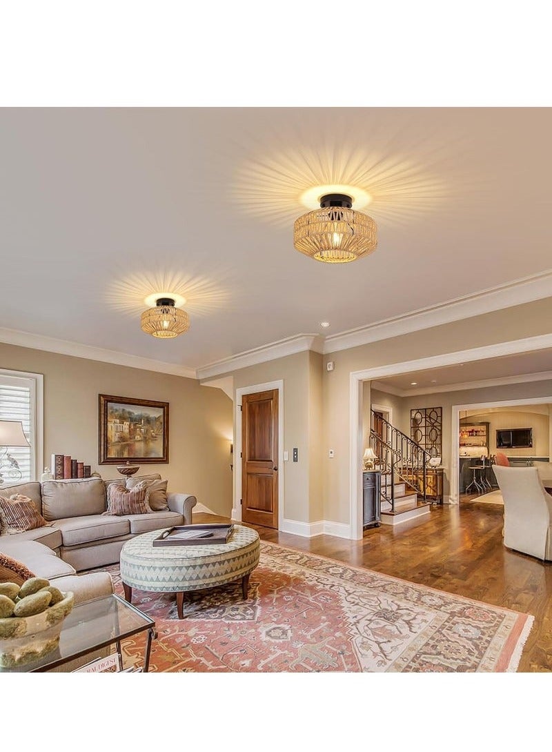 يوڠام تركيبات إضاءة من الخيزران مع تثبيت على السقف، مصباح سقف بوهيمي مع لمبة LED قابلة للتعتيم، ثريا صغيرة من الخيزران المنسوج يدويًا لتركيبات إضاءة السقف في غرفة النوم، المطبخ، المدخل، غرفة المعيشة، والممر. - Image 3