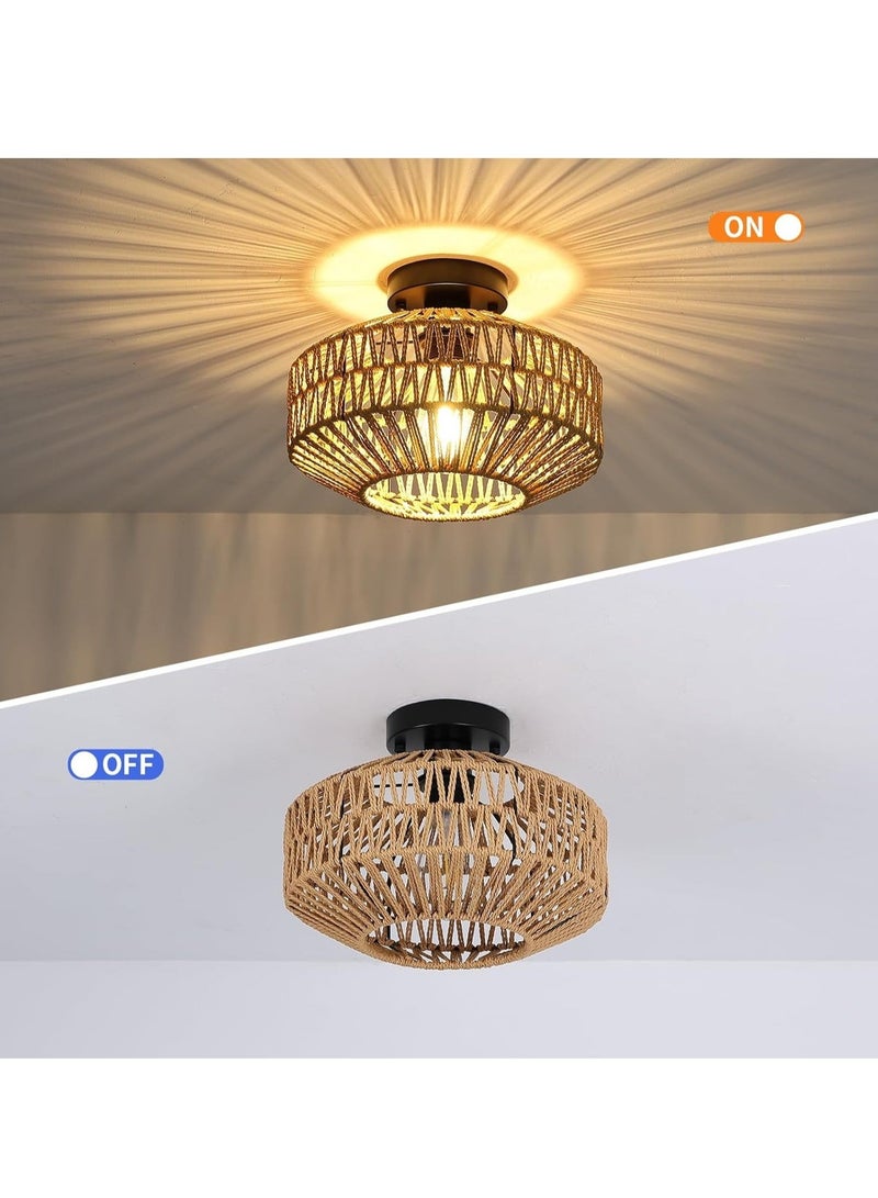 يوڠام تركيبات إضاءة من الخيزران مع تثبيت على السقف، مصباح سقف بوهيمي مع لمبة LED قابلة للتعتيم، ثريا صغيرة من الخيزران المنسوج يدويًا لتركيبات إضاءة السقف في غرفة النوم، المطبخ، المدخل، غرفة المعيشة، والممر. - Image 5