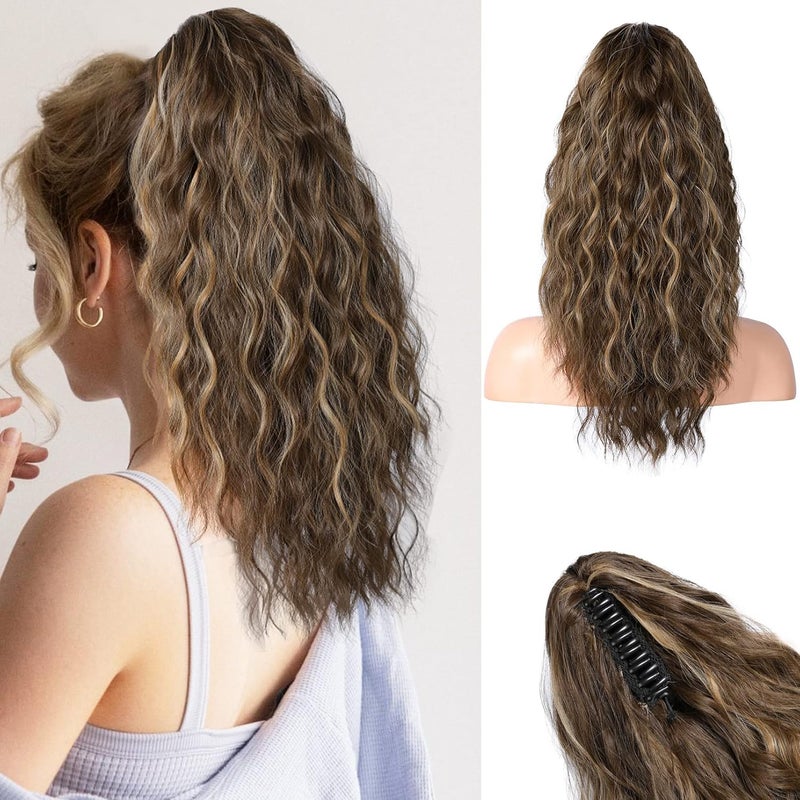 Reecho Ponytail Extension 18 Inch Claw Clip Ponytail Extension for Women Long Curly Wavy Synthetic Hairpiece for Daily Use  Chocolate Brown with Blonde Highlights