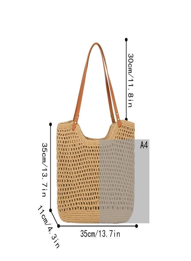 Monique Women Solid Color Hand-woven Crochet Handbag Top-handle Bag Summer Beach Tote Hobo Bag Purse Brown - Image 5
