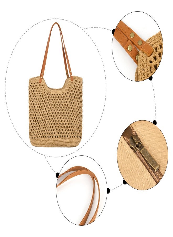 Monique Women Solid Color Hand-woven Crochet Handbag Top-handle Bag Summer Beach Tote Hobo Bag Purse Brown - Image 3