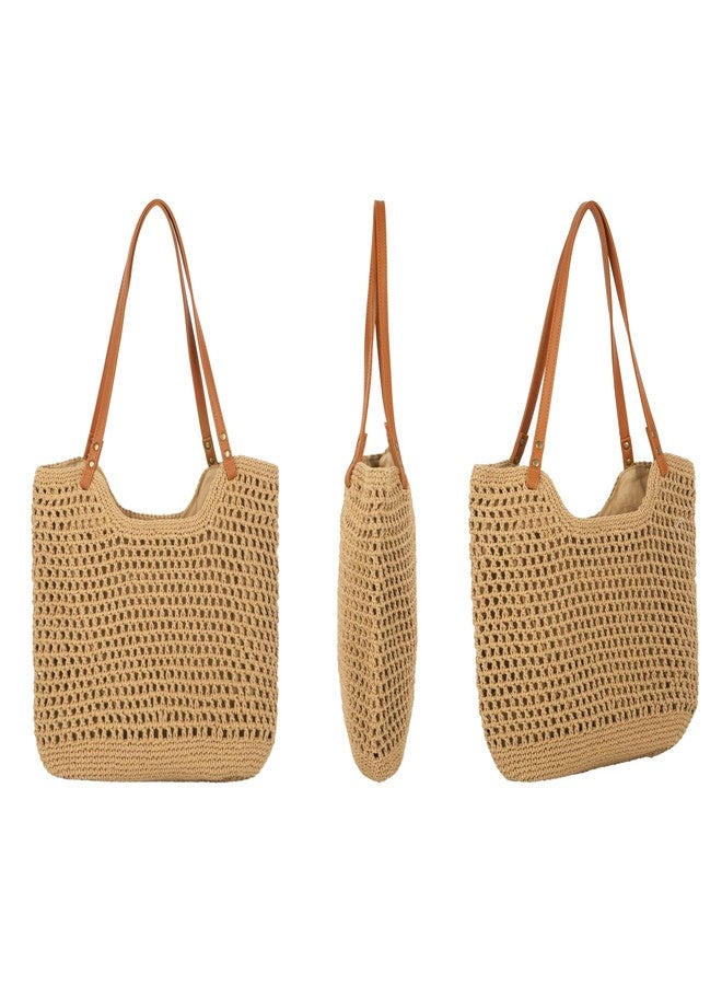 Monique Women Solid Color Hand-woven Crochet Handbag Top-handle Bag Summer Beach Tote Hobo Bag Purse Brown - Image 2