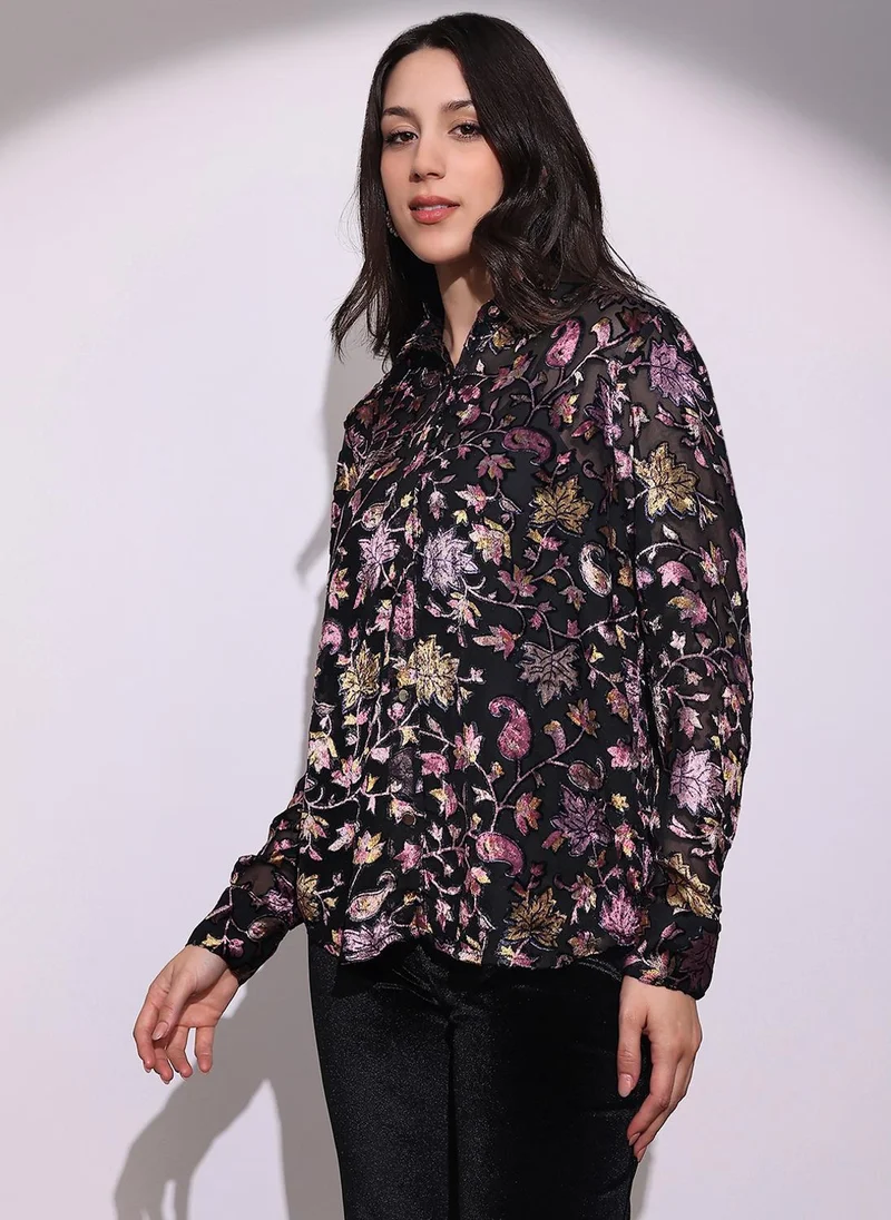 Globus Globus Women's Black Floral Print Party Long Shirt with Spread Collar