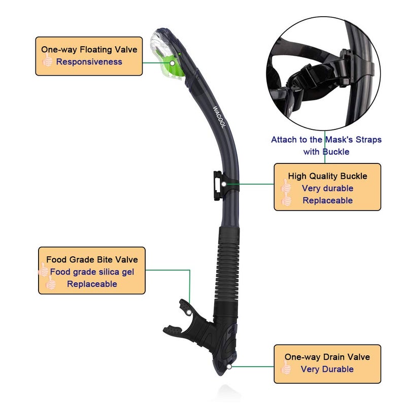 WACOOL Professional Snorkeling Snorkel Diving Scuba Package Set with Anti-Fog Coated Glass Purge Valve and Anti-Splash Silicon Mouth Piece for Men Women (Adults,Black) - Image 5