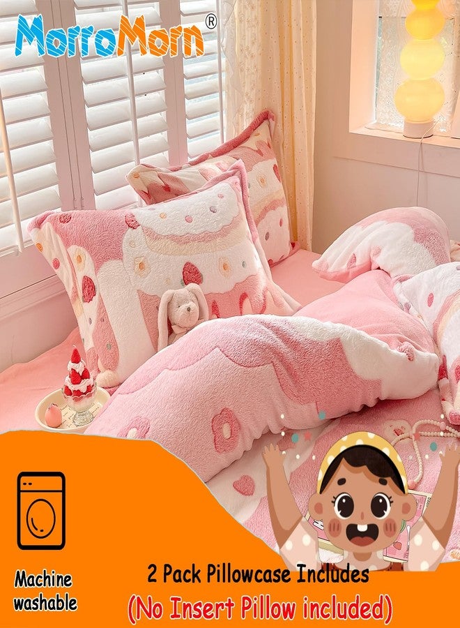 MorroMorn Decorative Pillows Covers Pink Kawaii, 2 Packs Plush Pillow Cases Standard Size, Soft Furry Throw Pillowcase Cushion Shams with Zipper Closure Girls Room Decor (Cream Cake, Standard) - Image 5