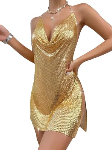 Falainetee Women's Metallic V Neck Backless Chain Cami Party Dress Gold S - Image 1