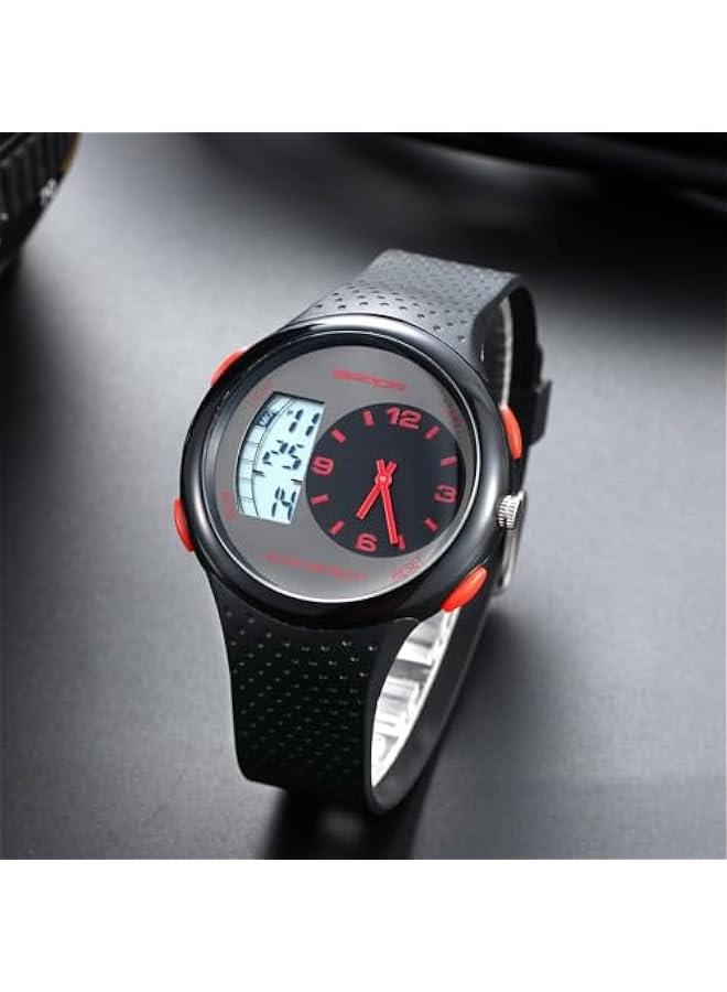 ساعات رائعة للرجال تصميم فريد ومميز ساعة يد مزدوجة المنطقة الزمنية تناظرية رقمية ساعة معصم شبابية مقاومة للماء - Image 3