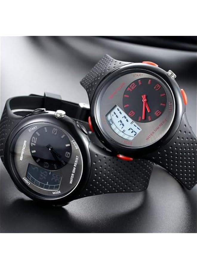 ساعات رائعة للرجال تصميم فريد ومميز ساعة يد مزدوجة المنطقة الزمنية تناظرية رقمية ساعة معصم شبابية مقاومة للماء - Image 4