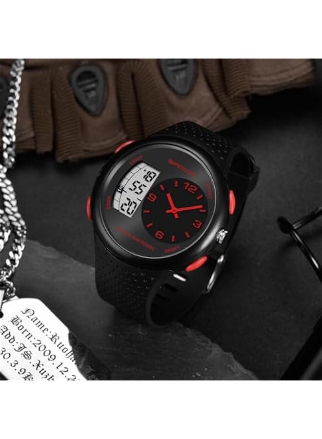 ساعات رائعة للرجال تصميم فريد ومميز ساعة يد مزدوجة المنطقة الزمنية تناظرية رقمية ساعة معصم شبابية مقاومة للماء - Image 2