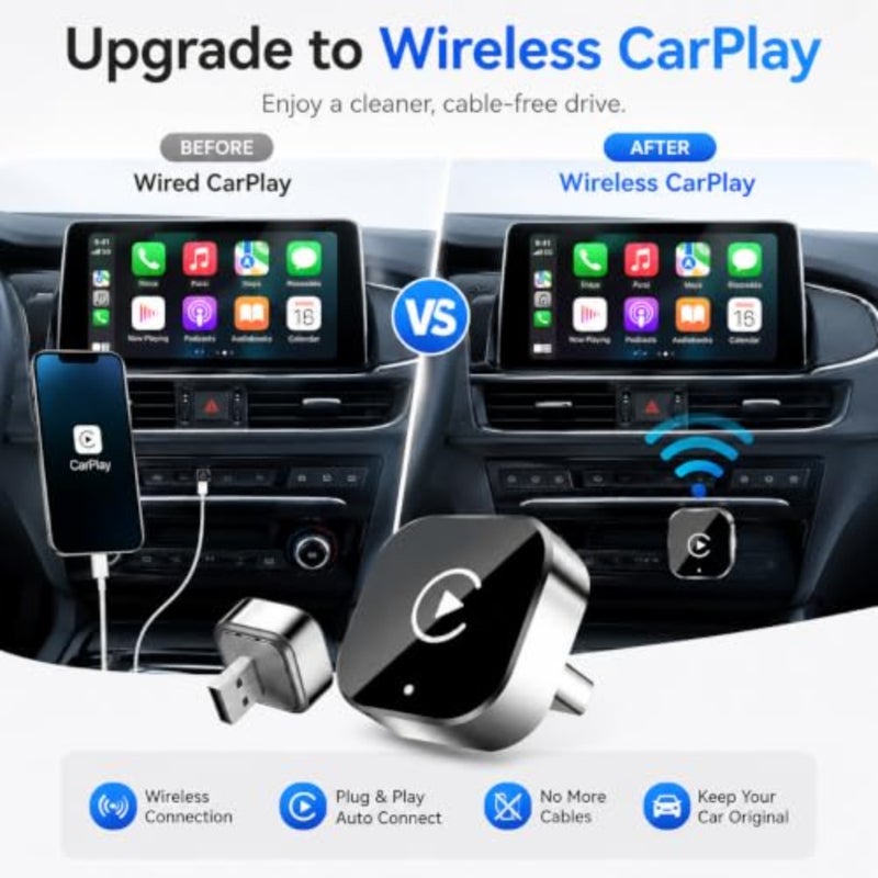 محول CarPlay اللاسلكي، 2 في 1 سلكي إلى CarPlay اللاسلكي وAndroid Auto، التوصيل والتشغيل، إعادة الاتصال التلقائي السريع، دونجل صغير مع محول USB-A إلى USB-C - Image 4