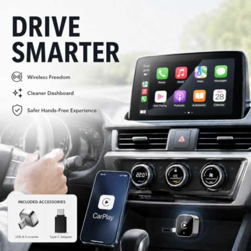 محول CarPlay اللاسلكي، 2 في 1 سلكي إلى CarPlay اللاسلكي وAndroid Auto، التوصيل والتشغيل، إعادة الاتصال التلقائي السريع، دونجل صغير مع محول USB-A إلى USB-C - Image 5