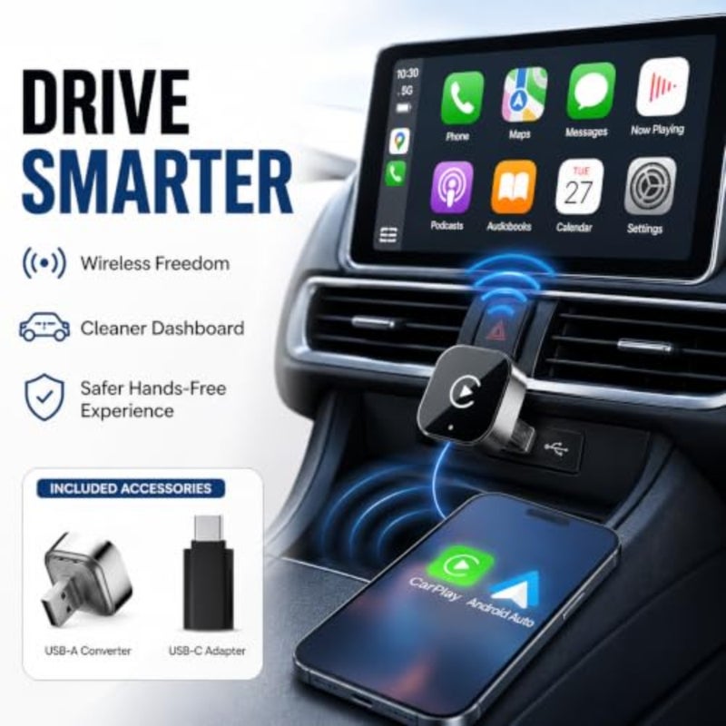 محول CarPlay اللاسلكي، 2 في 1 سلكي إلى CarPlay اللاسلكي وAndroid Auto، التوصيل والتشغيل، إعادة الاتصال التلقائي السريع، دونجل صغير مع محول USB-A إلى USB-C - Image 3