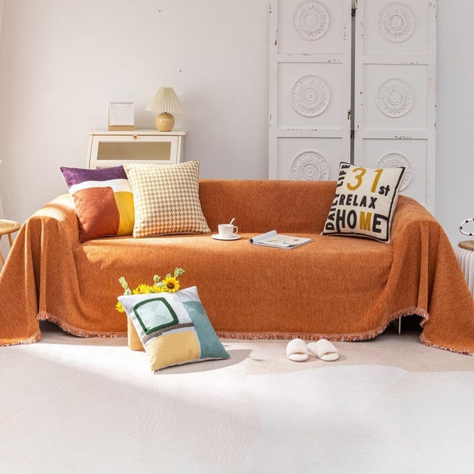 BOHO COUCH COVER CHENILLE SOFA COVERS FOR SECTIONAL SOFA WASHABLE COUCH COVERS FOR 3 CUSHION COUCH SOFA NON SLIP DOG SOFA SLIPCOVER WITH TASSEL LOVE SEAT COVER ORANGE 71X 150