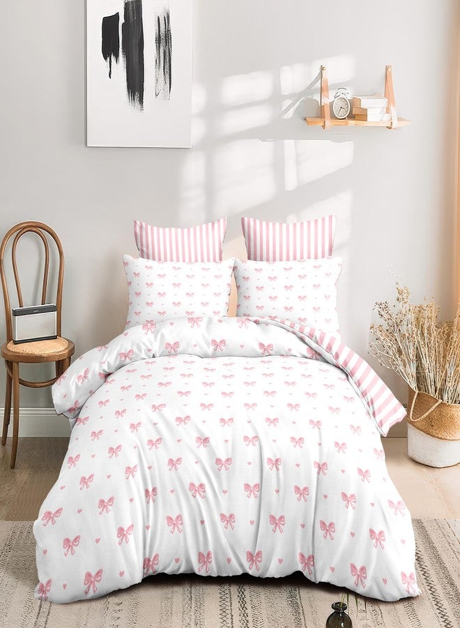 CCoutueChen Pink Bow Comforter Set Queen Size Cute Heart Bowknot Comforter Kids Boys Girls Princess Style Kawaii Bows Love Pattern Bedding Set 3 Pcs (1 Comforter, 2 Pillowcases) - Image 3