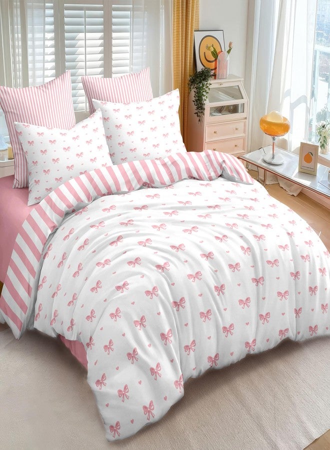 CCoutueChen Pink Bow Comforter Set Queen Size Cute Heart Bowknot Comforter Kids Boys Girls Princess Style Kawaii Bows Love Pattern Bedding Set 3 Pcs (1 Comforter, 2 Pillowcases) - Image 2