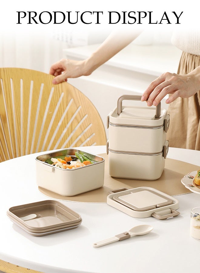 DUNISO Stainless Steel Lunch Box 1.4L Double Layered Bento Box with Sealed Silicone Cover Portable Large Capacity Leak Proof Lunch Box with Handle Meal Prep Container Food Storage Box for School Office Camping Outdoor， Microwaveable Safe - Image 3