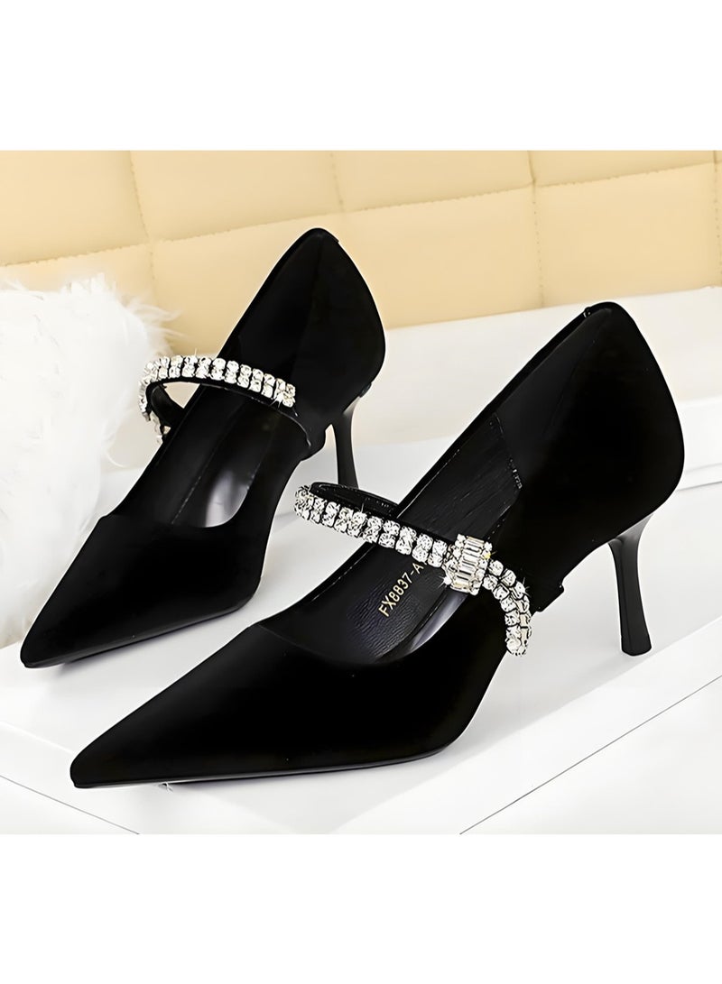 بيج تري المرأة مغلقة أشارت إصبع القدم جلد السويد عالية الكعب مضخات مع حزام الراينست الأسود 7CM - Image 1