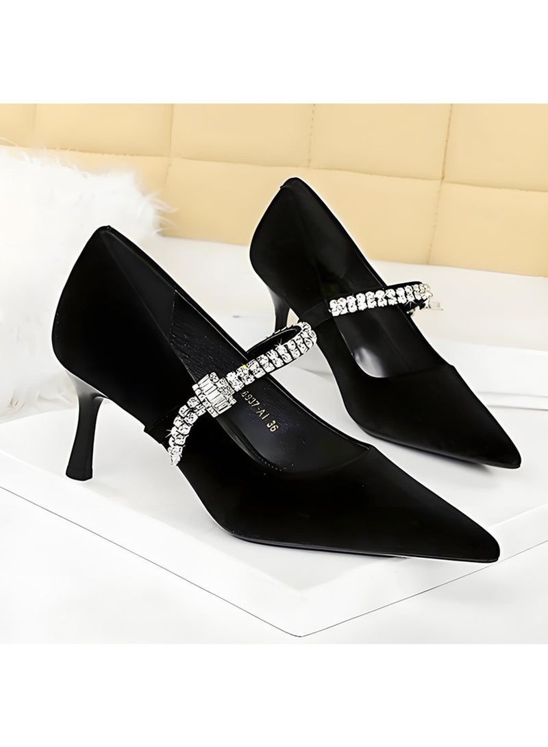 بيج تري المرأة مغلقة أشارت إصبع القدم جلد السويد عالية الكعب مضخات مع حزام الراينست الأسود 7CM - Image 2