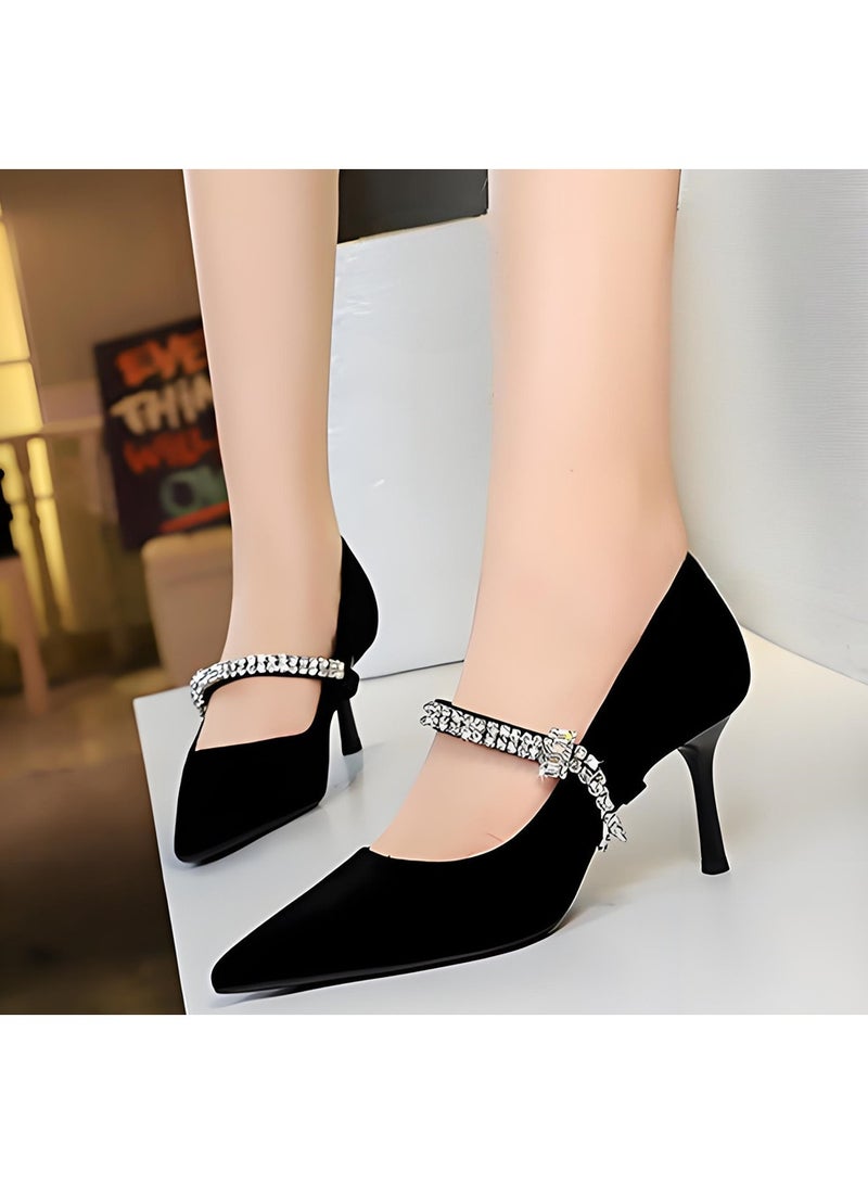 بيج تري المرأة مغلقة أشارت إصبع القدم جلد السويد عالية الكعب مضخات مع حزام الراينست الأسود 7CM - Image 3