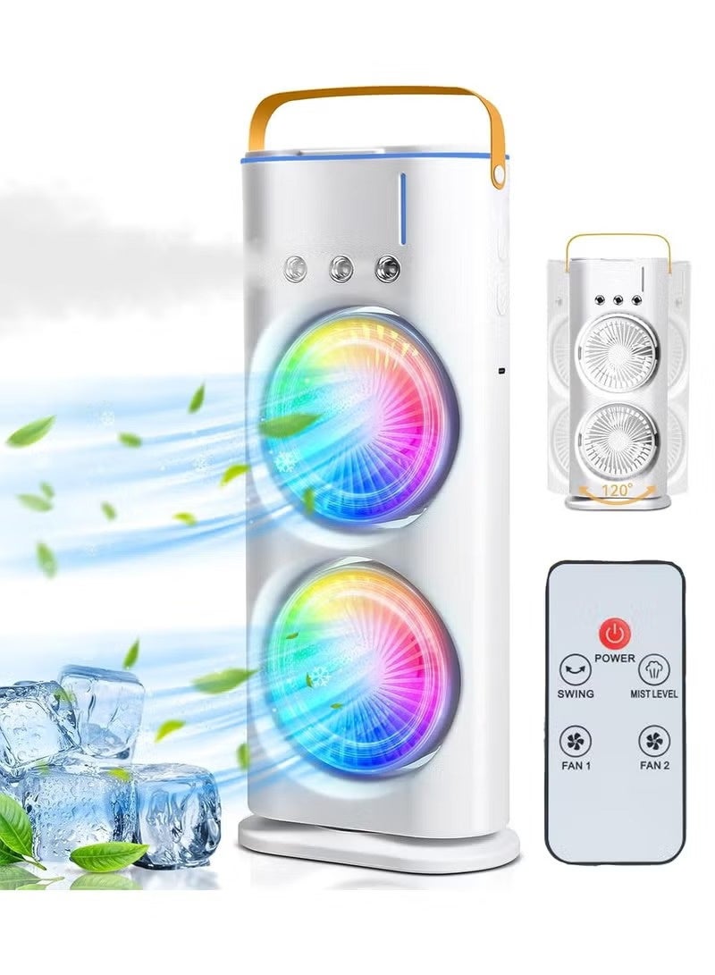 Denx Portable Double-Ended Spray Fan With Remote Control – Power by USB Type C Mist Cooling Tower Fan with 90° Rotation,– Mini Desktop Air Circulator, 280 ml Water Tank, 3 Air Speeds & 3 Cooling Mist, 90° Left and Right Rotation, 7 LED Mobile Air Conditioner for Room, Homes and Office - Image 1