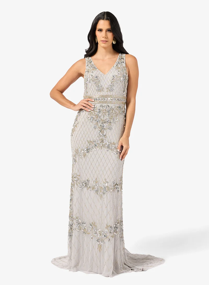 Namshi x  Plunge Neck Bead Embellished Evening Gown for Women | Best Price UAE