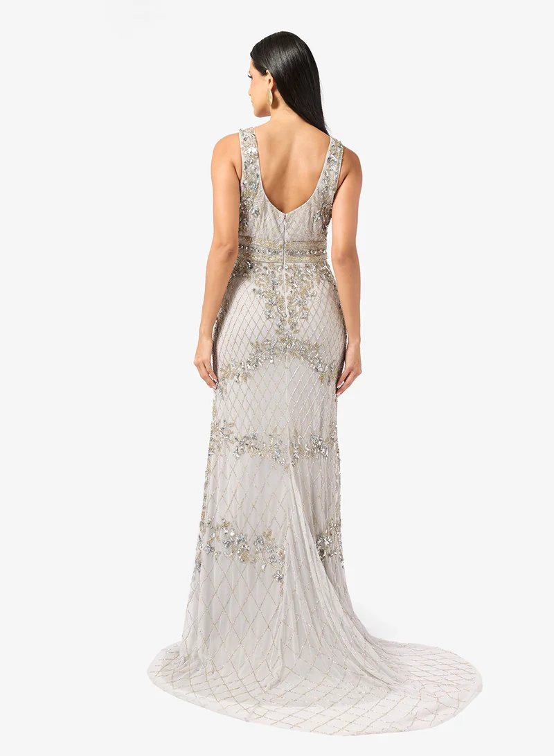 Namshi x Plunge Neck Bead Embellished Evening Gown
