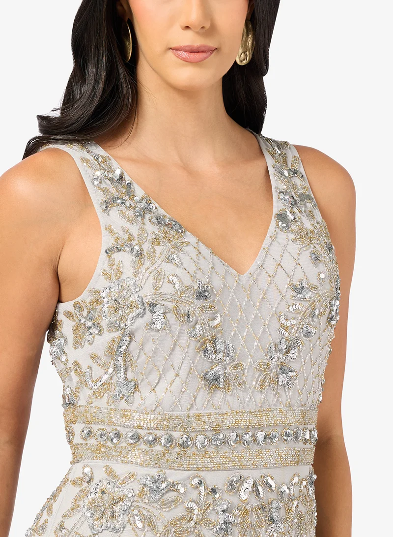 Namshi x  Plunge Neck Bead Embellished Evening Gown for Women | Best Price UAE