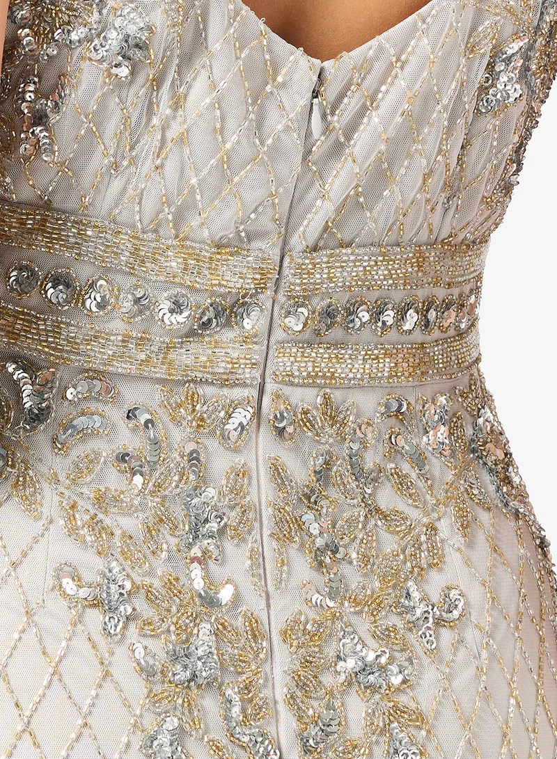 Namshi x  Plunge Neck Bead Embellished Evening Gown for Women | Best Price UAE