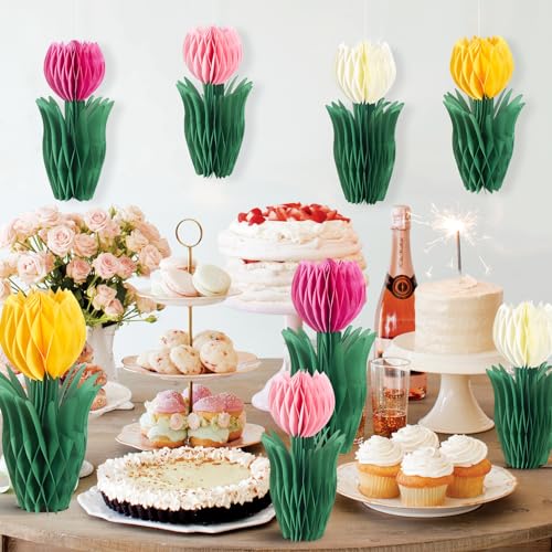 SUNBEAUTY 8 PCS Flower Honeycomb Decor Tulips Table Centerpieces Spring Decoration for Home Office Paper Flower Tulip Honeycomb Decor for Garden Party Mothers Day Decoration - Image 3