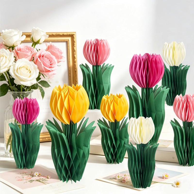 SUNBEAUTY 8 PCS Flower Honeycomb Decor Tulips Table Centerpieces Spring Decoration for Home Office Paper Flower Tulip Honeycomb Decor for Garden Party Mothers Day Decoration - Image 2