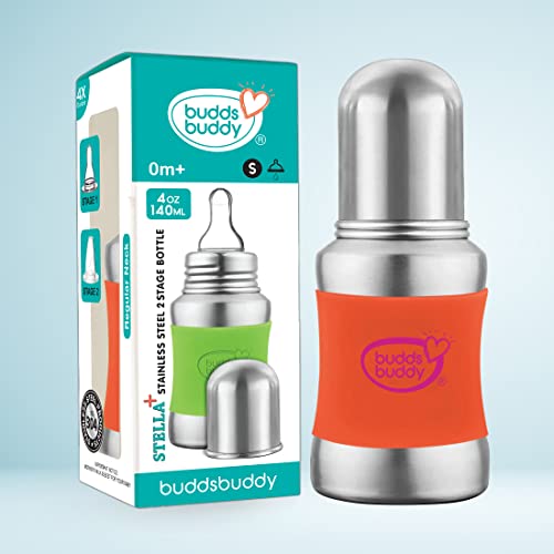 Buddsbuddy Stella Plus Neck New Born Baby Feeding Bottle made With High Grade Stainless Steel | Rust Free Feeding Bottle With Nipple | Leak Proof Baby Bottle | With Extra Spout Sipper | 180 ML | Orange - Image 4