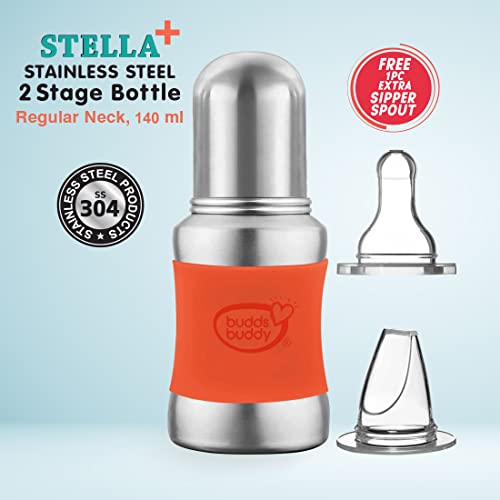 Buddsbuddy Stella Plus Neck New Born Baby Feeding Bottle made With High Grade Stainless Steel | Rust Free Feeding Bottle With Nipple | Leak Proof Baby Bottle | With Extra Spout Sipper | 180 ML | Orange - Image 5