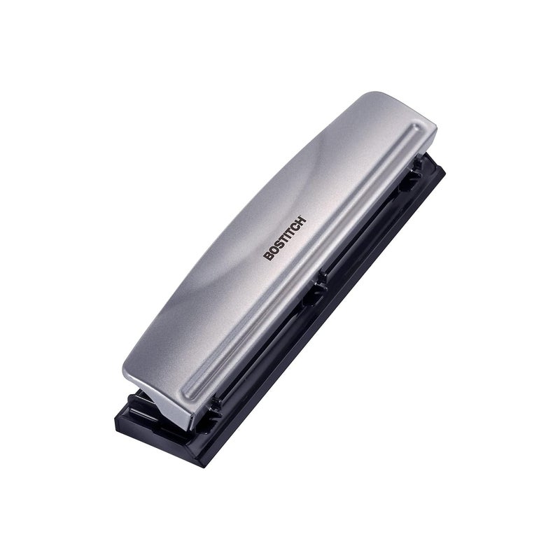 Bostitch Office Premium 3 Hole Punch, 12 Sheet Capacity, Metal, Rubber Base, Easy-Clean Tray, Silver - Image 2