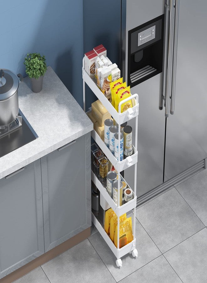 SOLEJAZZ Slim Rolling Storage Cart with Wheels 4 Tier Skinny Bathroom Storage Organizer Narrow Shelf Unit Thin Laundry Room Utility Cart for Bedside Kitchen Office Next to Fridge Small Places, White - Image 3