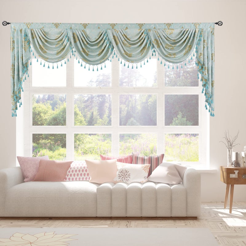 JADE POKE Damask Aqua Waterfall Valances for Windows Beaded Valance for Living Room  Room Darkening Swag Valance for Bedroom Jacquard Tassel Valances for Kitchen Banquet 1 Panel W110 Inch