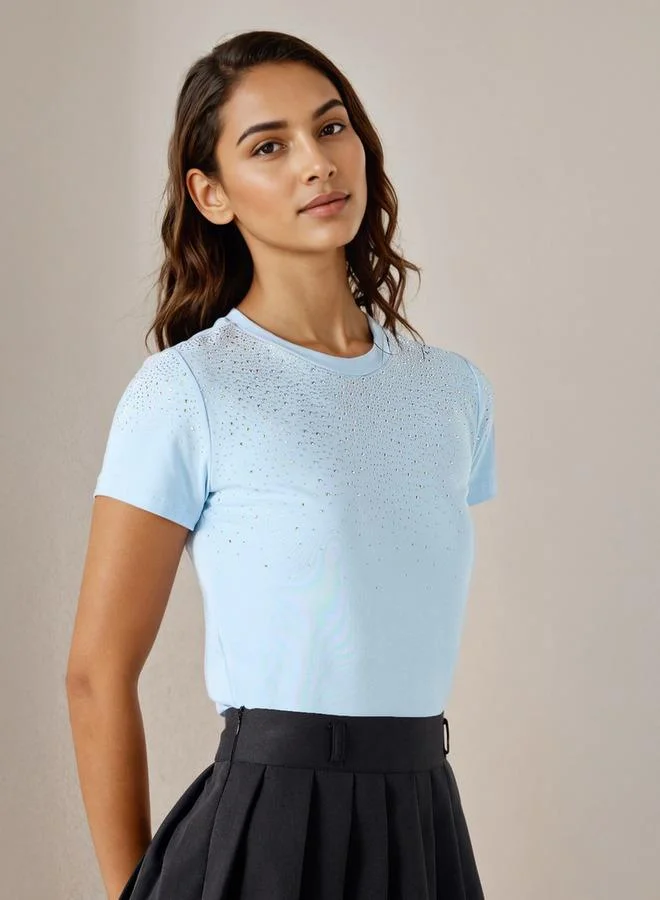 2Xtremz 2Xtremz Embellished Crew Neck T-shirt with Short Sleeves