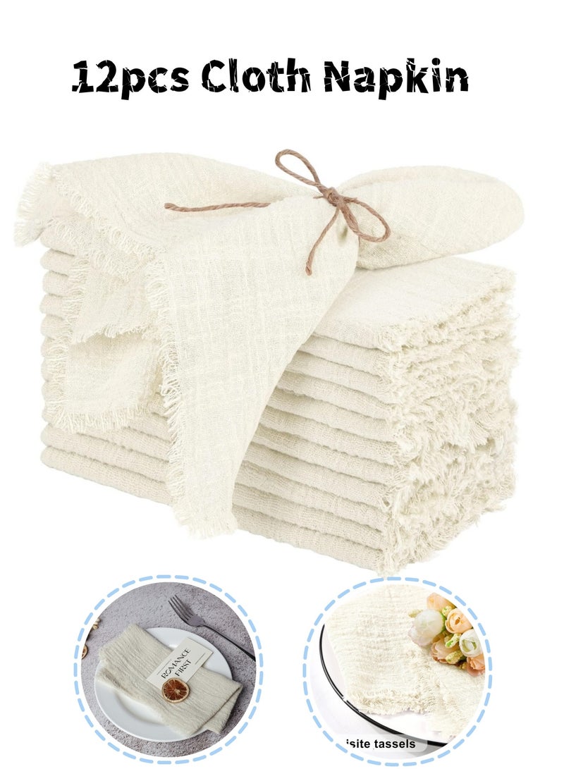 أم جي زي 12 قطعة من مناديل قماش قطنية كتان، مناديل قماشية مصنوعة يدويًا مع هامش، 42 × 42 سم مناديل عشاء زفاف ناعمة من القماش مربعة الشكل مع هامش لحفلات العشاء والحفلات وحفلات الزفاف، لون أبيض عاجي - Image 1