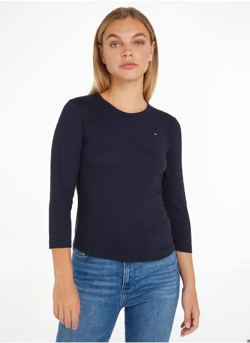 TOMMY HILFIGER Women's 1985 Slim Slub Open Neck Knit Top - Cotton, Blue