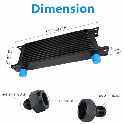 HTRACING 13 Row AN10 10AN Transmission Oil Cooler Kit Stacked Plate With 6AN 8AN Adapter Universal Engine Transmission British Radiator Oil Cooler Condenser Aluminium Alloy Black - Image 2
