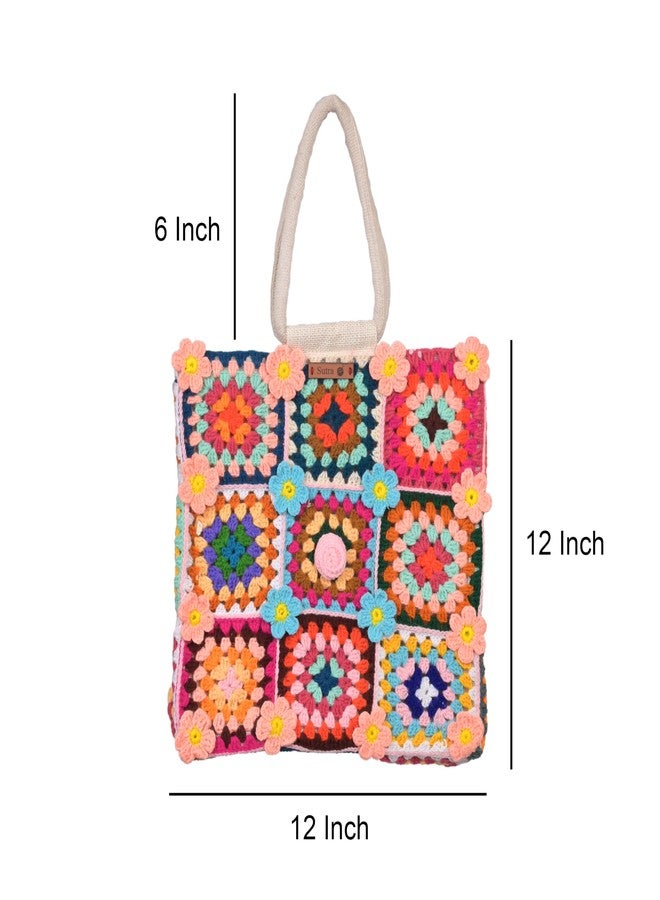 Sutra Handmade Wool Crochet Multicolor Patchwork Tote Bag | Boho Shoulder Purse | Eco-Friendly Reusable Tote Bag | Summer Beach Handbag for Women Girls - Image 2